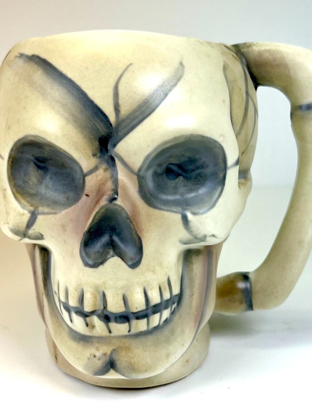 Vtg Ceramic Skull Mug Bone Handle Halloween Spooky Goth Tiki Barware Pottery Cup